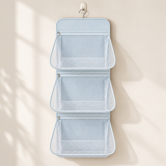 Three-Tier Hanging Mesh Organizer — Light Blue — product view — product illustration