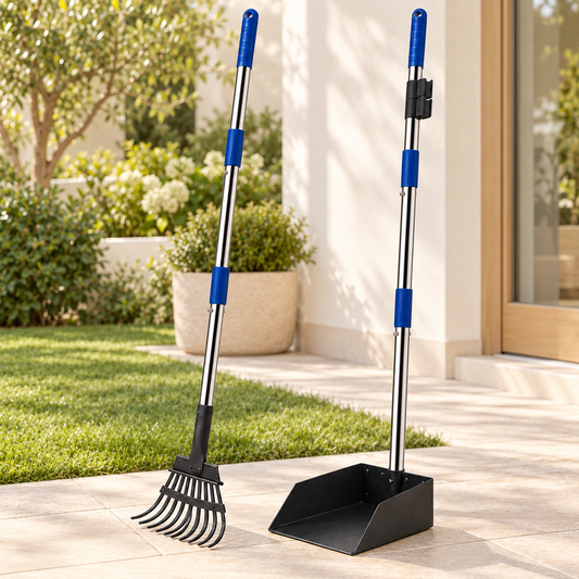 Pet Cleanup Rake & Scoop — Blue — styled scene — product illustration