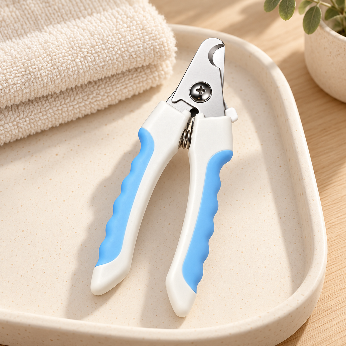 Pet Nail Clipper — Blue & White — styled scene — product illustration