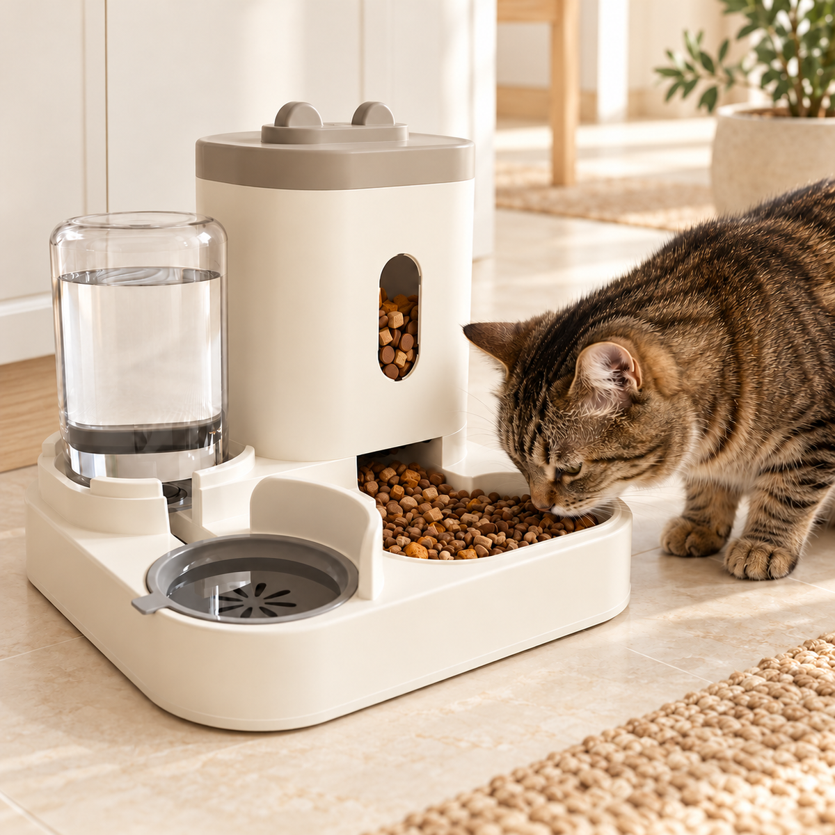 Pet Feeding Station — Cream — styled scene — product illustration