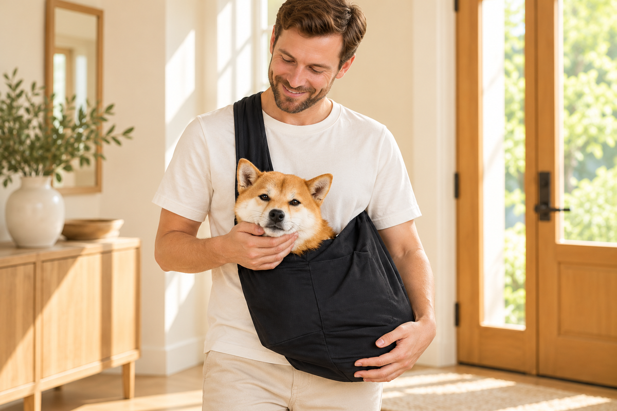 Pet Sling Carrier — Black — styled scene — product illustration