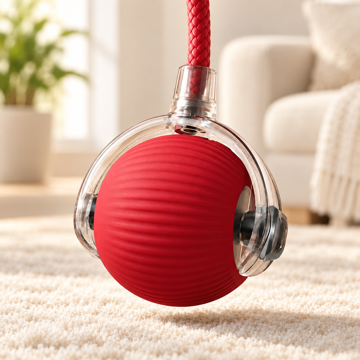 Hanging Cat Play Ball — Red — styled scene — product illustration