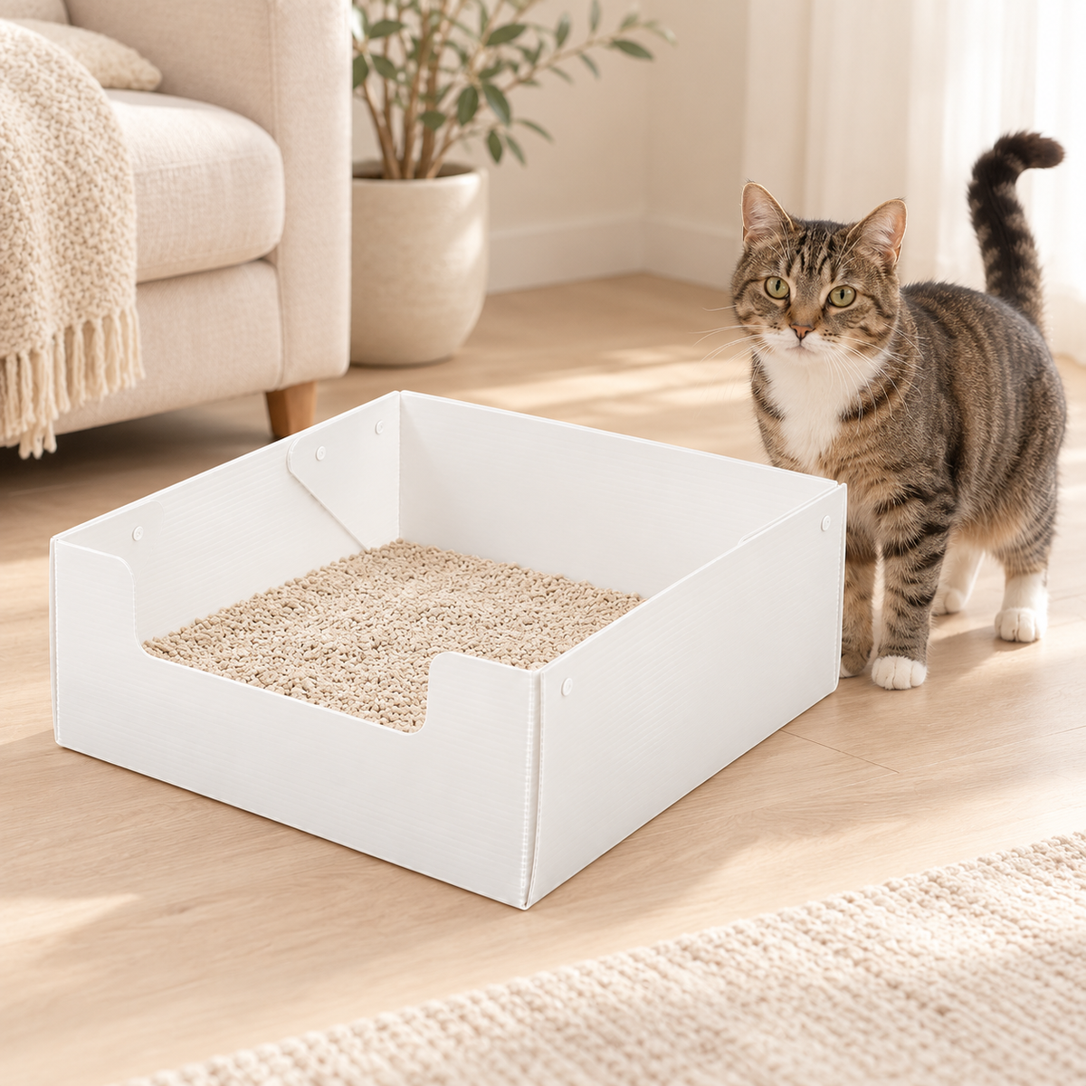 Foldable Cat Litter Tray — White — styled scene — product illustration