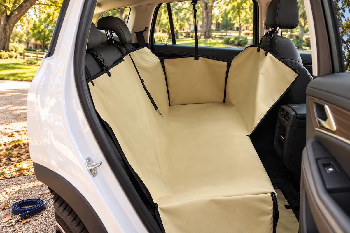 Delunie Pet Back Seat Cover — Khaki — styled lifestyle illustration; accessories not included