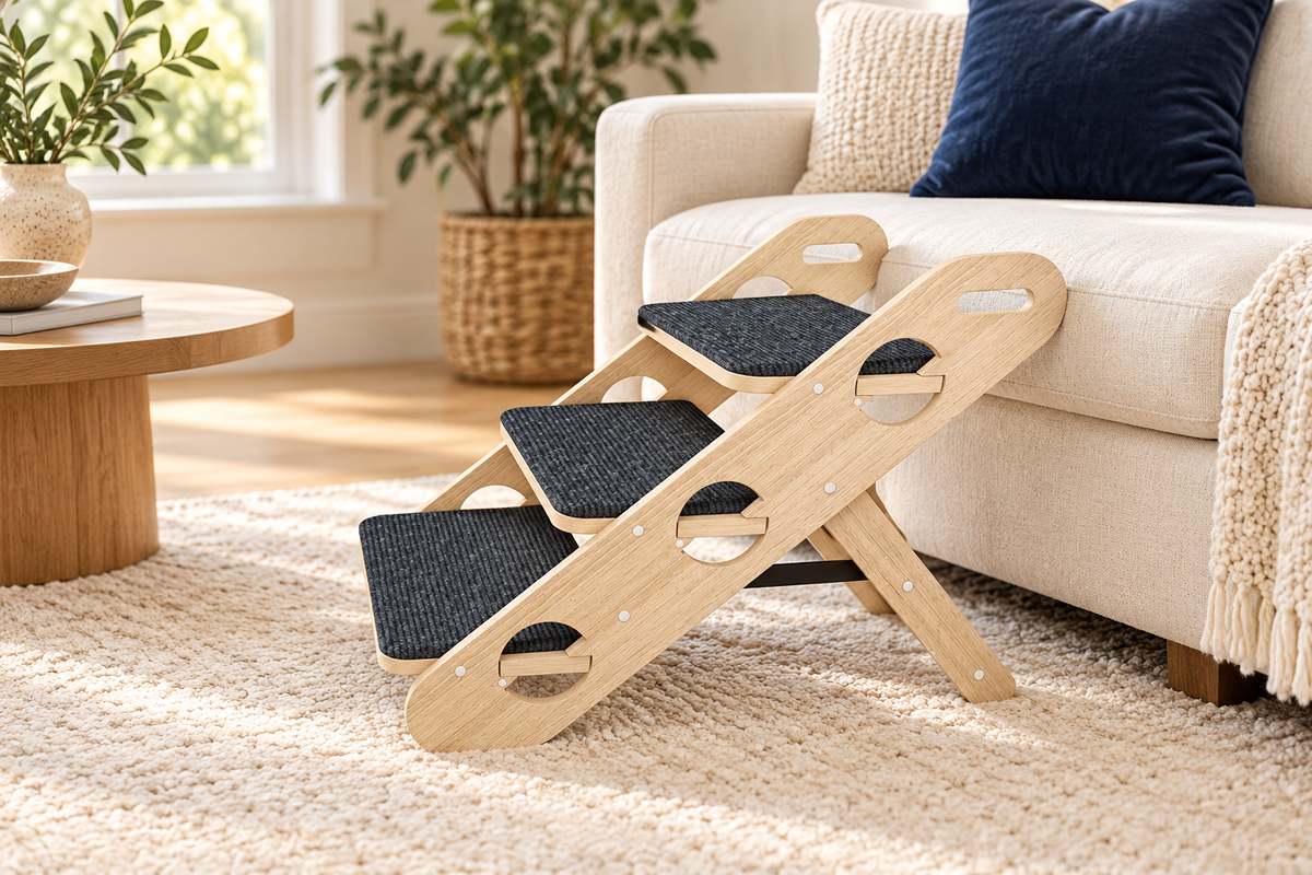 Delunie Folding Pet Steps — 3-Step — styled lifestyle illustration; accessories not included